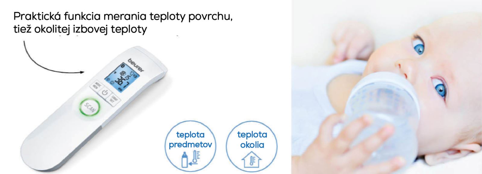 Bezkontaktný teplomer BEURER FT 95 s bluetooth, meranie aj povrchov